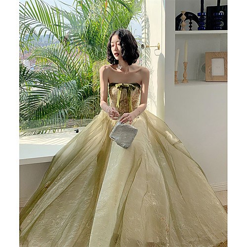 

A-Line Glittering Elegant Wedding Guest Formal Evening Dress Strapless Sleeveless Floor Length Tulle with Bow(s) Pleats Crystals 2021