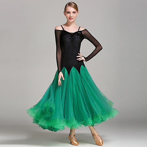 

Ballroom Dance Dress Pleats Cascading Ruffles Women's Training Performance 3/4 Length Sleeve Natural Nylon