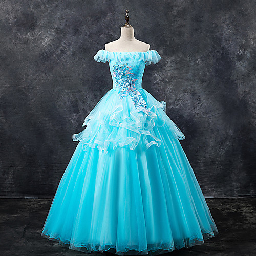 

Ball Gown Luxurious Floral Quinceanera Prom Dress Off Shoulder Short Sleeve Floor Length Tulle with Lace Insert Embroidery 2021