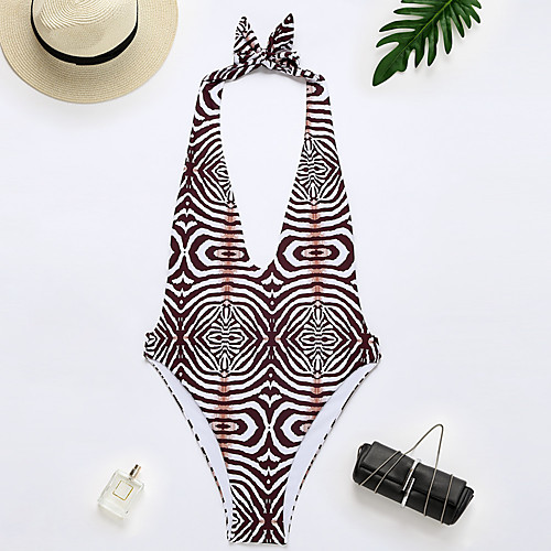 

Women's One Piece Monokini Swimsuit Strappy Cut Out Print Abstract Animal Brown Swimwear Padded Plunge Bathing Suits Fashion Sexy