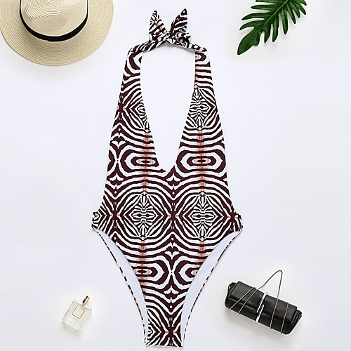 

Women's One Piece Monokini Swimsuit Strappy Cut Out Print Abstract Animal Brown Swimwear Padded Plunge Bathing Suits Fashion Sexy