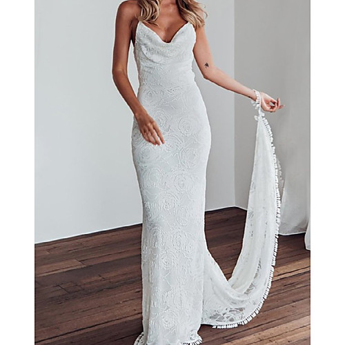 

Sheath / Column Wedding Dresses V Neck Sweep / Brush Train Lace Sleeveless Beach Sexy with 2021