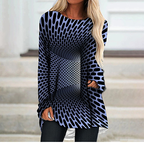 

Women's T Shirt Dress Tee Dress Short Mini Dress Blue Long Sleeve Color Block Geometric Print Fall Spring Round Neck 3D Print Casual 3D Print S M L XL XXL 3XL