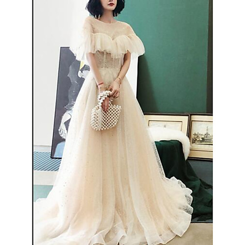 

A-Line Minimalist Elegant Engagement Prom Dress Illusion Neck Short Sleeve Sweep / Brush Train Tulle with Pleats Lace Insert 2021