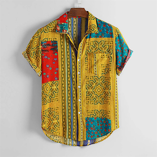 

Men's Shirt Other Prints Graphic Button-Down Short Sleeve Daily Tops 100% Cotton Casual Hawaiian Blue Red Yellow