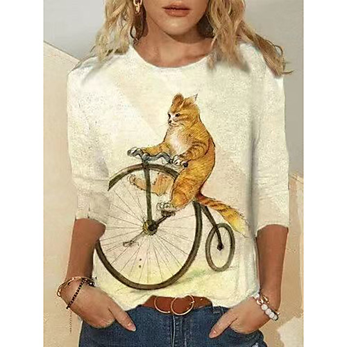 

Women's T shirt Cat Long Sleeve Print Round Neck Tops Basic Basic Top Khaki