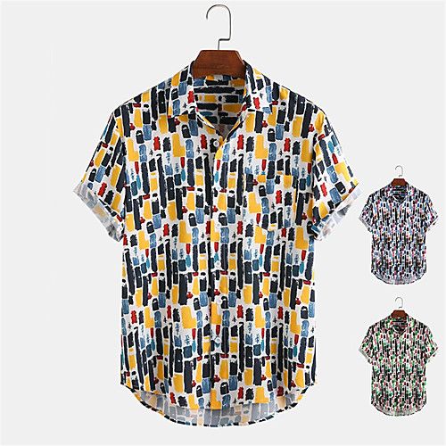 

Men's Shirt Other Prints Striped Graffiti Button-Down Print Short Sleeve Daily Tops Casual Hawaiian Blue Yellow Green