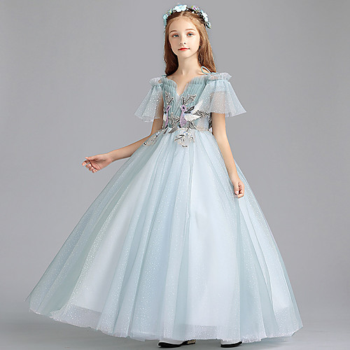 

Princess Ankle Length Engagement Party / Formal Evening Flower Girl Dresses - Lace / Tulle Short Sleeve V Neck with Lace / Tier / Appliques