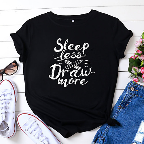 

Women's T shirt Letter Print Round Neck Tops 100% Cotton Basic Basic Top Black Wine Army Green