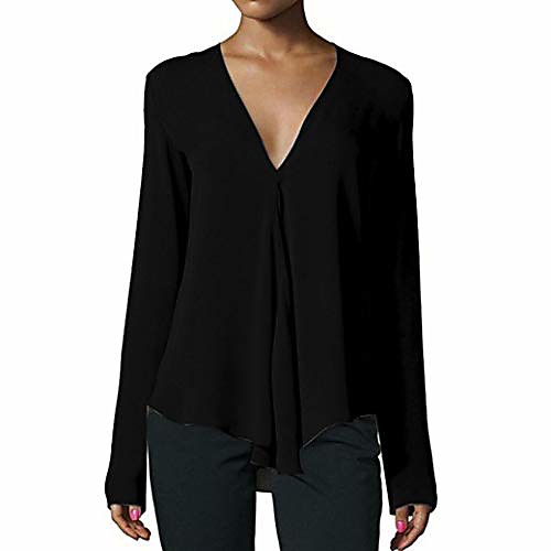 

Womens Casual Deep V Neck Long Sleeve Office Work Chiffon Blouse OL Workwear Shirts Tops (Black, XXL)