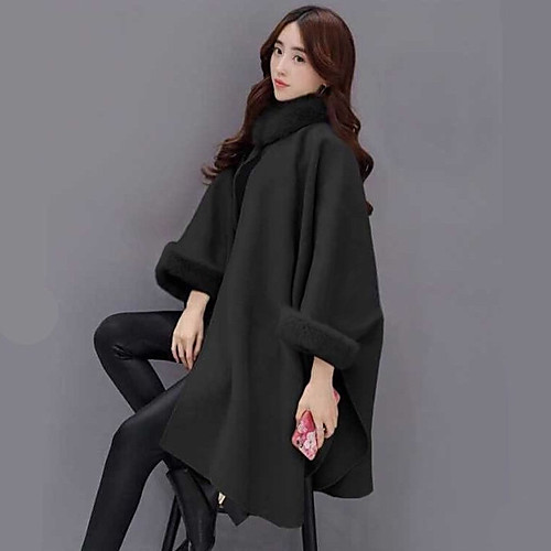 

Women's Solid Colored Fur Trim Streetwear Fall & Winter Faux Fur Coat Regular Going out 3/4 Length Sleeve Cotton Blend Coat Tops Black