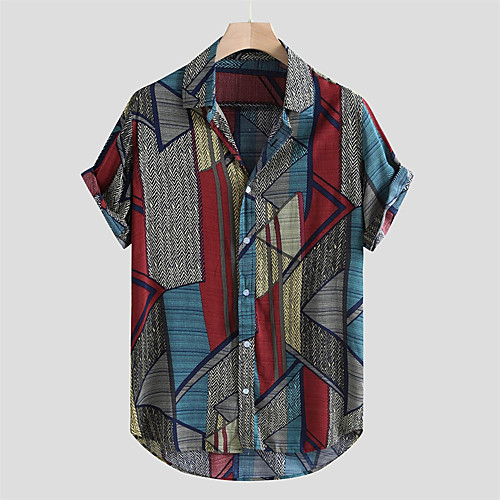 

Men's Shirt Other Prints Geometric Button-Down Print Short Sleeve Daily Tops 100% Cotton Casual Hawaiian Blue Red Green