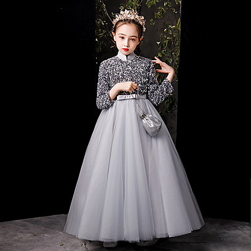 

Princess Floor Length Formal Evening / Pageant Flower Girl Dresses - Tulle / Sequined 3/4 Length Sleeve High Neck with Appliques / Solid / Splicing