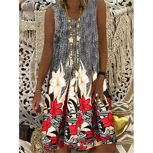 

Women's Shift Dress Knee Length Dress Blue Red Gray Sleeveless Floral Color Block Print Fall Spring V Neck Casual 2021 S M L XL XXL 3XL 4XL 5XL