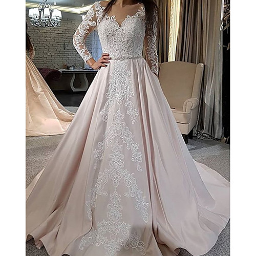 

Ball Gown Wedding Dresses Jewel Neck Court Train Lace Satin Long Sleeve Formal Romantic Luxurious with Appliques 2021