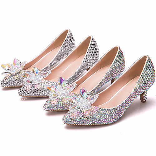 

Women's Wedding Shoes Pumps Pointed Toe Wedding Pumps Business Sexy Minimalism Wedding Party & Evening PU Rhinestone Crystal Sparkling Glitter Solid Colored Color Block Silver Rainbow