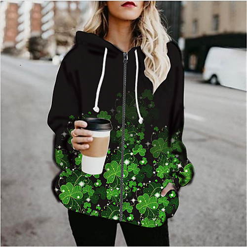 

Women's Plants Print Active Spring & Fall Hoodied Jacket Regular Daily Long Sleeve Air Layer Fabric Coat Tops Green