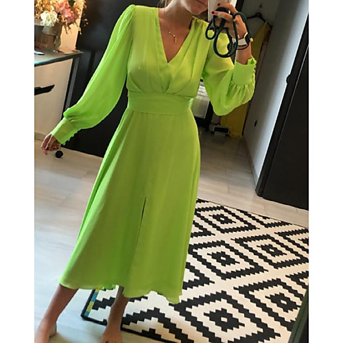 

A-Line Minimalist Elegant Wedding Guest Prom Dress V Neck Long Sleeve Tea Length Chiffon with Sleek 2021