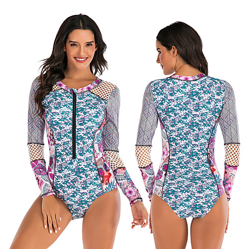 

Women's One Piece Swimsuit Rash Guard Elastane Swimwear Breathable Quick Dry Long Sleeve Front Zip - Swimming Surfing Water Sports Painting Autumn / Fall Spring Summer