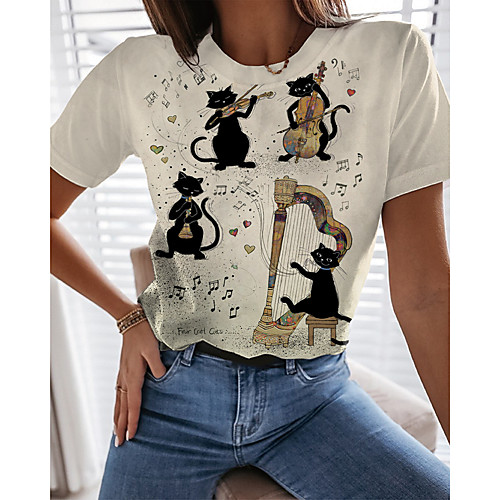 

Women's T shirt Cat Graphic Print Round Neck Tops Basic Basic Top White