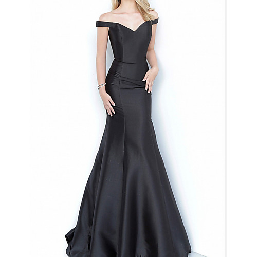 

Sheath / Column Minimalist Sexy Engagement Formal Evening Dress Off Shoulder Sleeveless Floor Length Satin with Pleats 2021