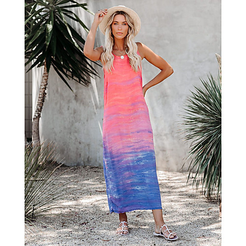 

Women's Shift Dress Maxi long Dress Blushing Pink Sleeveless Tie Dye Print Spring Summer V Neck Casual 2021 S M L XL XXL