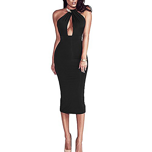 

women's halter off shoulder backless cut-out midi cocktail club party bodycon dress (asian size s (uk 6), black)