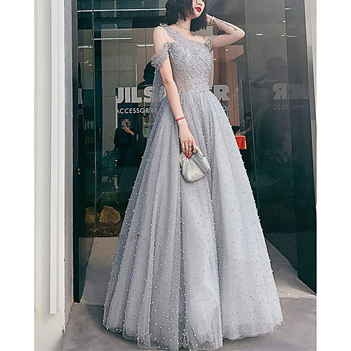 

A-Line Minimalist Elegant Prom Formal Evening Dress One Shoulder Sleeveless Floor Length Tulle with Pleats Pearls 2021