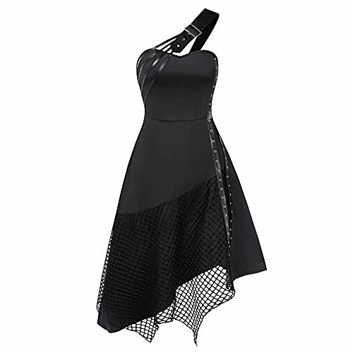 

women halloween dress,women dress sleeveless gothic vintage solid color irregular stitching dress slanted shoulder special design victorian halloween retro black