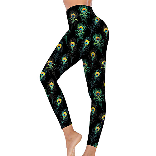

21Grams Women's High Waist Yoga Pants Cropped Leggings Tummy Control Butt Lift Breathable Peacock Black Fitness Gym Workout Running Winter Sports Activewear High Elasticity