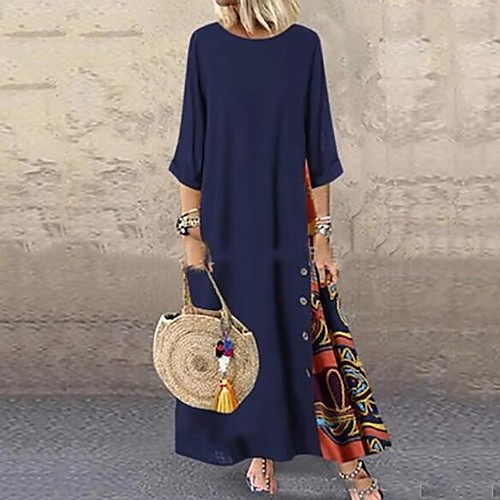 

Women's Swing Dress Maxi long Dress Blue Red Yellow Long Sleeve Print Patchwork Print Fall Round Neck Casual 2021 M L XL XXL 3XL 4XL