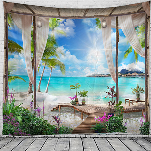 

Window Landscape Wall Tapestry Art Decor Blanket Curtain Hanging Home Bedroom Living Room Decoration Coconut Tree Sea Ocean Beach