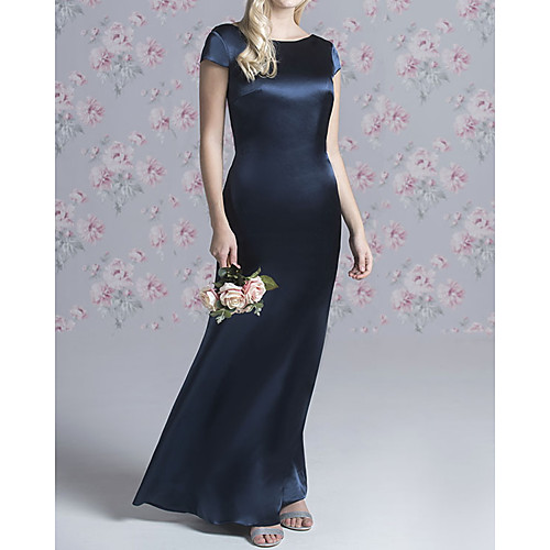 

Sheath / Column Jewel Neck Floor Length Stretch Satin Bridesmaid Dress with