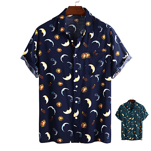 

Men's Shirt Other Prints Graphic Button-Down Print Short Sleeve Daily Tops 100% Cotton Casual Hawaiian Green Navy Blue