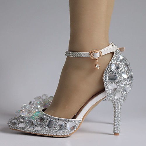 

Women's Wedding Shoes Stiletto Heel Pointed Toe Wedding Pumps Vintage Sexy Minimalism Wedding Party & Evening PU Rhinestone Crystal Sparkling Glitter Solid Colored Color Block Silver Rainbow