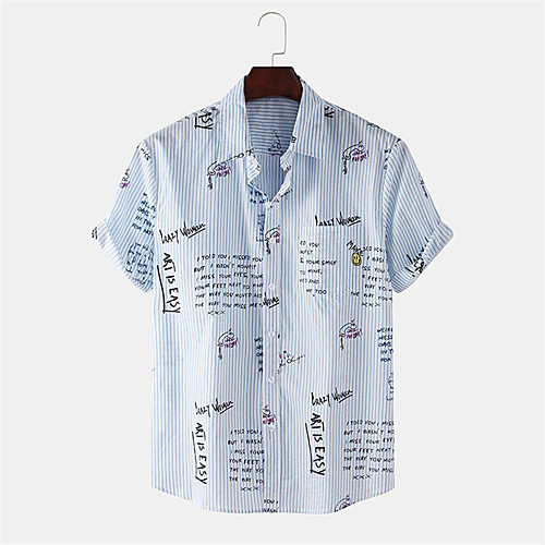 

Men's Shirt Other Prints Striped Letter Button-Down Print Short Sleeve Daily Tops Casual Blue