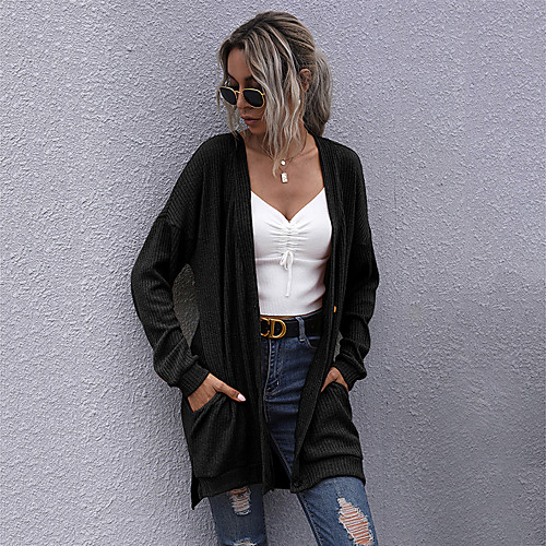 

Women's Solid Colored Fall & Winter Sweater Coat Long Going out Long Sleeve Polyster Coat Tops Black