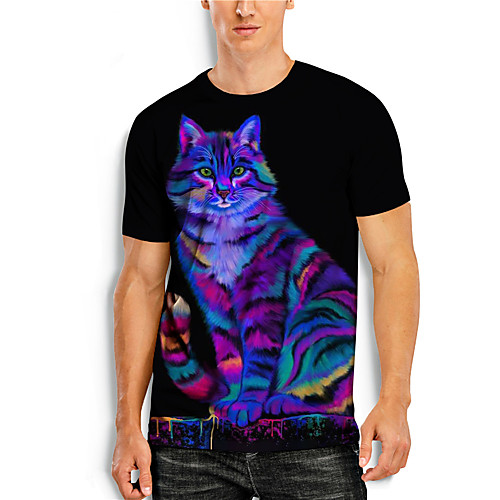 

Men's T shirt 3D Print Cat 3D Animal 3D Print Short Sleeve Daily Tops Casual Black