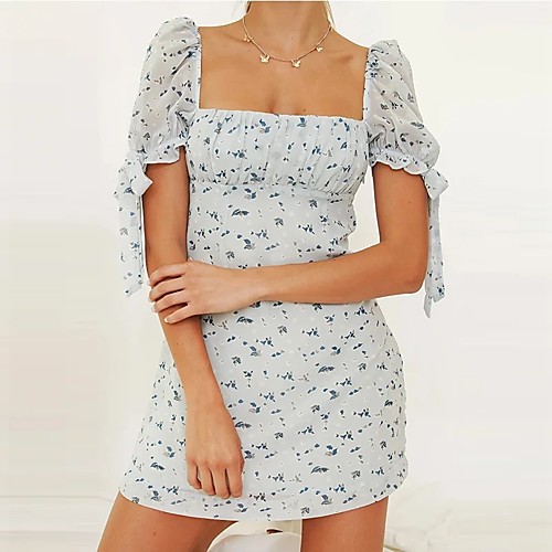 

A-Line Flirty Boho Holiday Party Wear Dress Scoop Neck Short Sleeve Short / Mini Spandex with Bow(s) Pattern / Print 2021