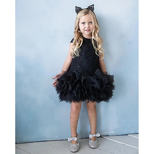 

Princess / Ball Gown Knee Length Wedding / Party Flower Girl Dresses - Lace / Tulle Short Sleeve Jewel Neck with Appliques / Solid / Paillette