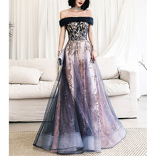 

A-Line Glittering Floral Engagement Formal Evening Dress Off Shoulder Sleeveless Floor Length Tulle with Pleats Sequin Appliques 2021