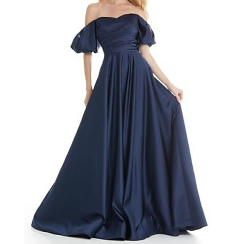 

A-Line Minimalist Elegant Engagement Formal Evening Dress Off Shoulder Short Sleeve Sweep / Brush Train Satin with Pleats 2021