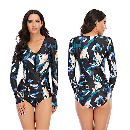 

Women's One Piece Swimsuit Rash Guard Elastane Swimwear Breathable Quick Dry Long Sleeve Front Zip - Swimming Surfing Water Sports Painting Autumn / Fall Spring Summer