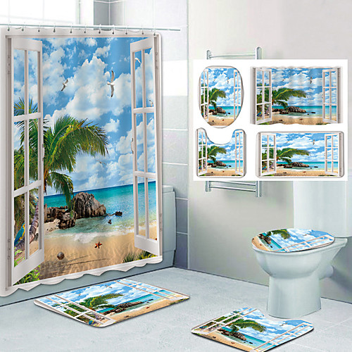 

Bathroom Shower Curtain & Mat Set Classic Polyester Waterproof