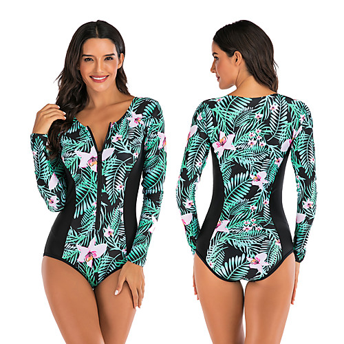 

Women's One Piece Swimsuit Rash Guard Elastane Swimwear Breathable Quick Dry Long Sleeve Front Zip - Swimming Surfing Water Sports Painting Autumn / Fall Spring Summer