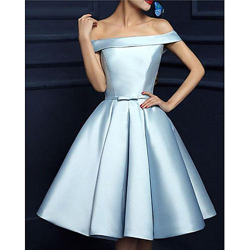 

A-Line Minimalist Vintage Engagement Cocktail Party Dress Off Shoulder Sleeveless Knee Length Satin with Pleats 2021