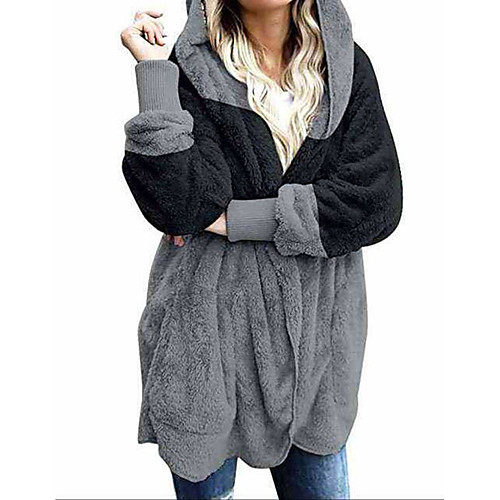 

Women's Color Block Autumn / Fall Teddy Coat Long Daily Long Sleeve Wool Blend Coat Tops Black