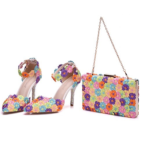 

Women's Wedding Shoes High Heel Pointed Toe Wedding Pumps Vintage Sexy Minimalism Wedding Party & Evening PU Rhinestone Satin Flower Sparkling Glitter Color Block Rainbow