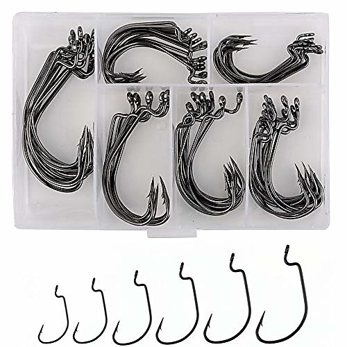 

60pcs Offset Worm Hook High Carbon Steel Wide Gap Bait Jig Fish Hooks with Plastic Box #1-5/0