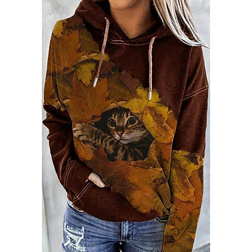 

Women's Pullover Hoodie Sweatshirt Cat Graphic 3D Front Pocket Print Daily 3D Print Basic Casual Hoodies Sweatshirts Brown